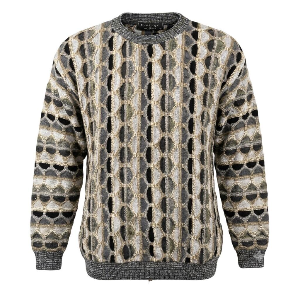 Protege Vintage 3D Knit Coogi Style Sweater Men's L Gray Black Geometric 90s